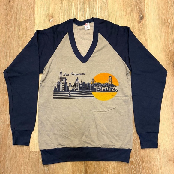 Vintage 1980s San Francisco Raglan Sweatshirt V-Neck USA Made NOS Size M